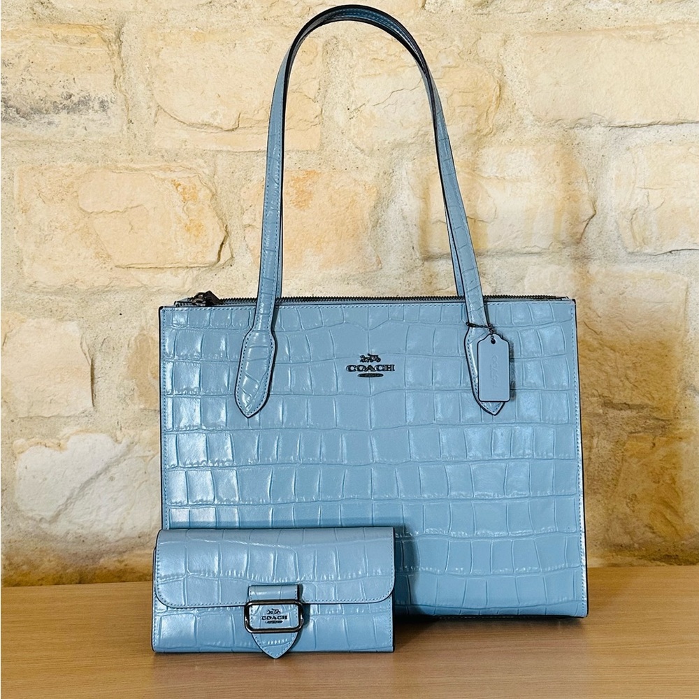 Coach Nina Crocodile-embossed leather tote shoulder handbag+wallet Set NWT